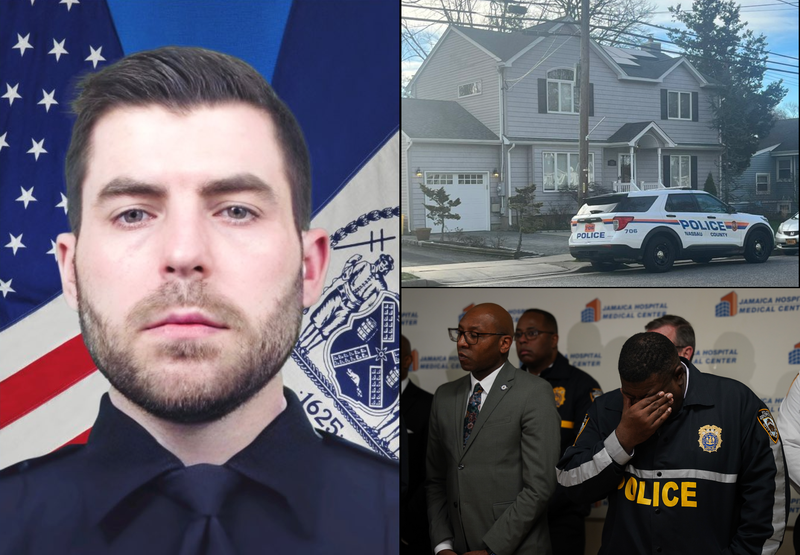 NYPD Officer Jonathan Diller (left), Diller's home in Massapequa Park (upper right), and officials at Jamaica Hospital Medical Center (lower right)
