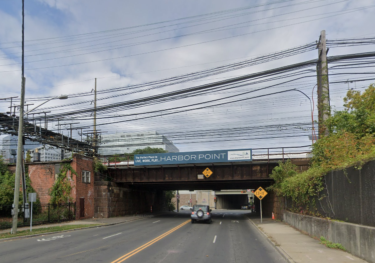Police said the suspect shot and killed himself under this Metro-North overpass in Stamford