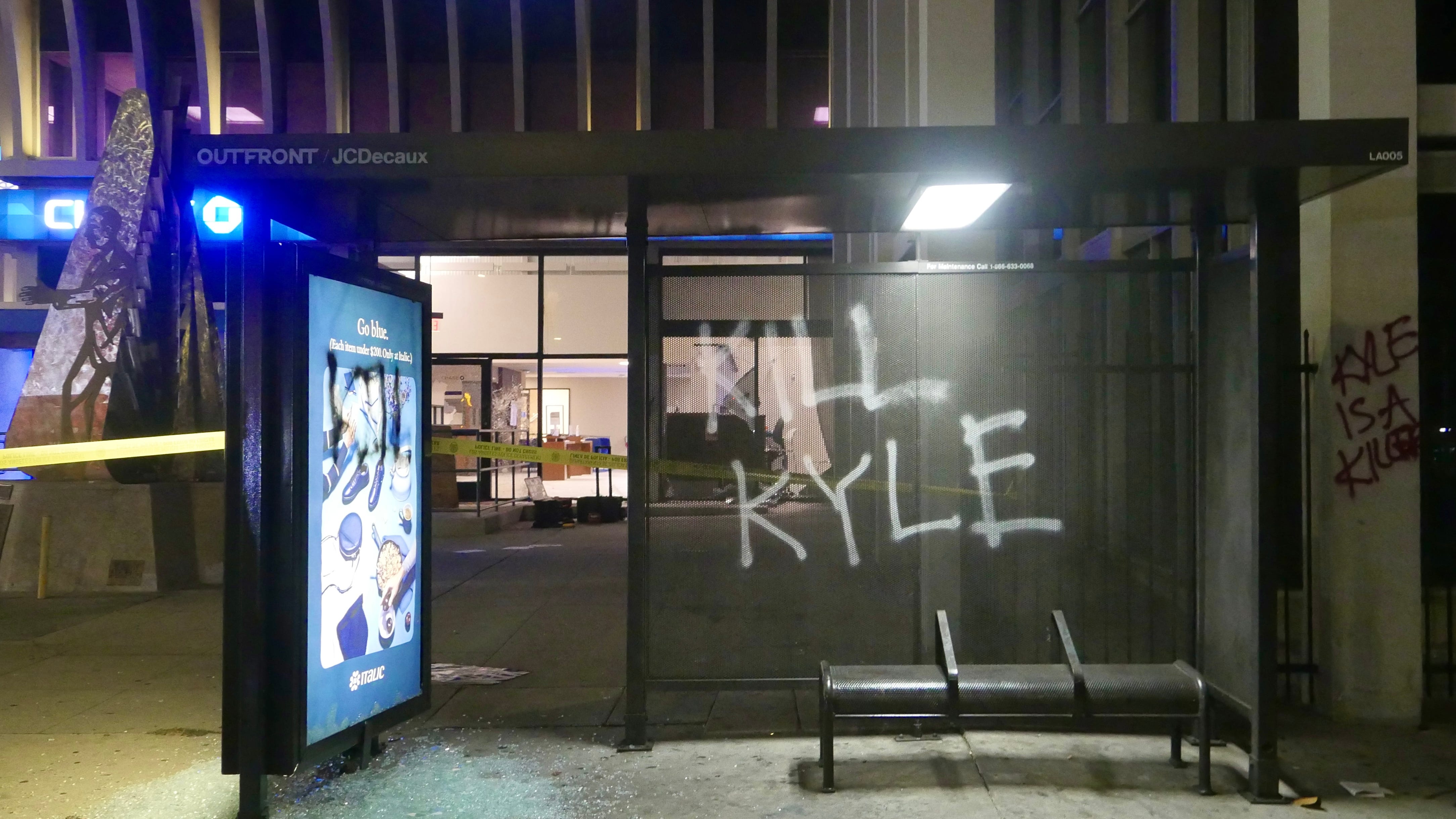 PHOTOS: Vandals destroy L.A. bank, spray paint ‘Kyle is a killer,’ ‘Kill Trump’
