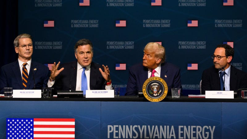 PITTSBURGH, PENNSYLVANIA - JULY 15: U.S. President Donald Trump (2nd-R) listens as U.S. Sen. Dave McCormick (R-PA) (2nd-L) speaks during the inaugural Pennsylvania Energy and Innovation Summit at Carnegie Mellon University on July 15, 2025 in Pittsburgh, Pennsylvania. U.S. President Donald Trump, joined by leading technology and energy companies, announced more than $90 billion in energy and technology investments in the state.