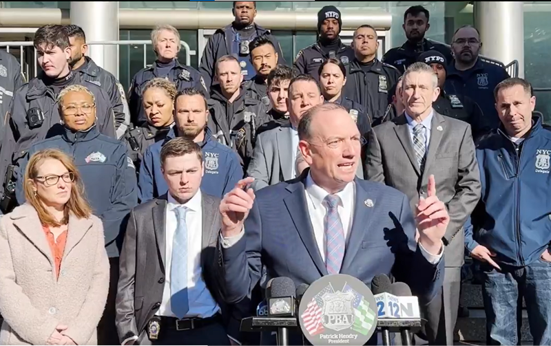 PBA President Patrick Hendry speaks on Monday outside Queens Criminal Court after the maximum sentence was imposed on Devin Spraggins, 24, for a 2023 shooting of a police officer that left the cop seriously injured.