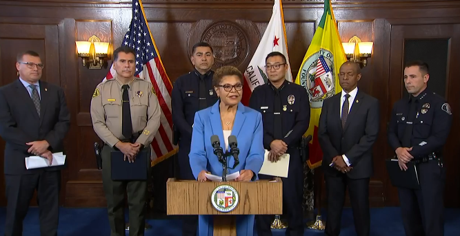 L.A. Mayor Karen Bass along with law enforcement leaders announce a new task force aimed at investigating and prosecuting suspects in organized retail crimes in Los Angeles County.