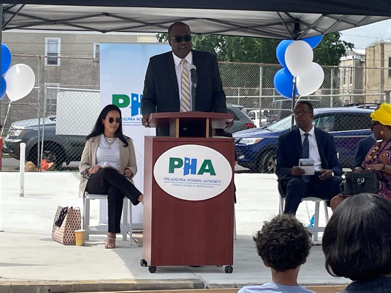 PHA President and CEO Kelvin Jeremiah speaks at the ground-breaking for a new housing complex in Sharswood.