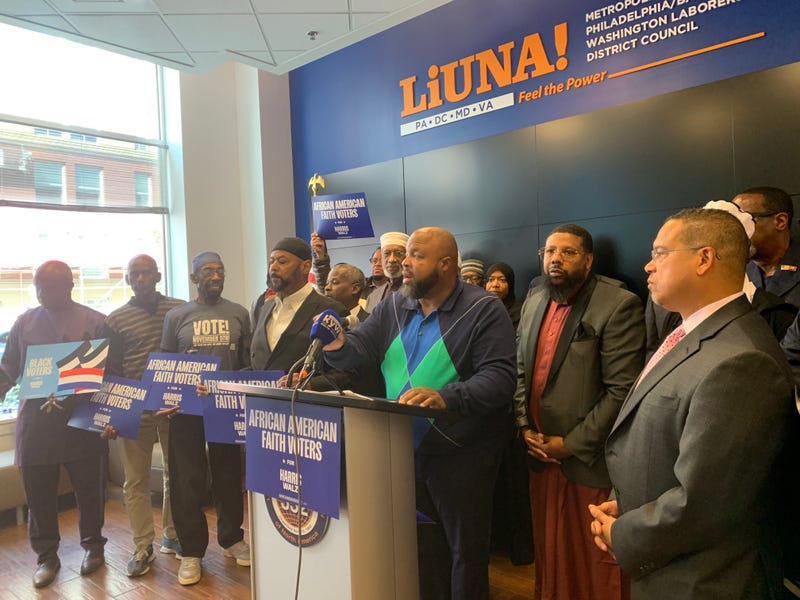 Ryan Boyer speaks at an event announcing the League of Muslim Voters of the Delaware Valley's endorsement of Kamala Harris for president.