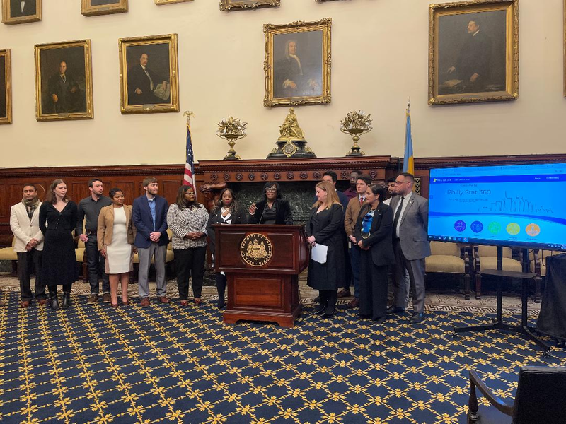 Mayor Cherelle Parker speaks from the Mayor's Reception Room about Philly Stat 360, a new web page designed to help people track her administration's progress improving government operations.