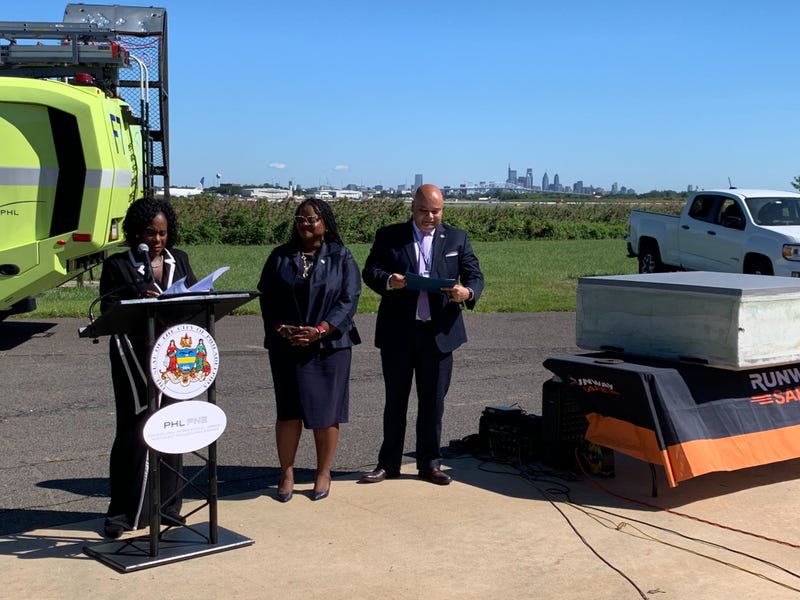 Mayor Cherelle Parker speaks at Philadelphia International Airport next to the new EMAS on Tuesday, Aug. 26.