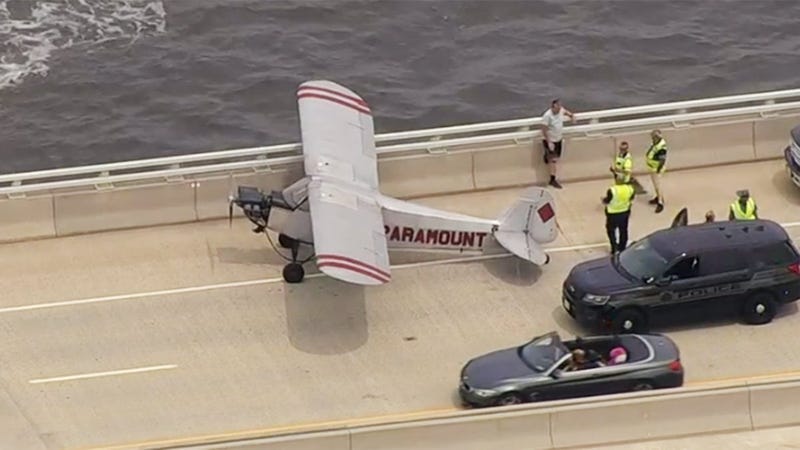 The pilot of a small banner plane made an emergency landing onto the Route 52 Causeway in Ocean City on July 19, 2021.