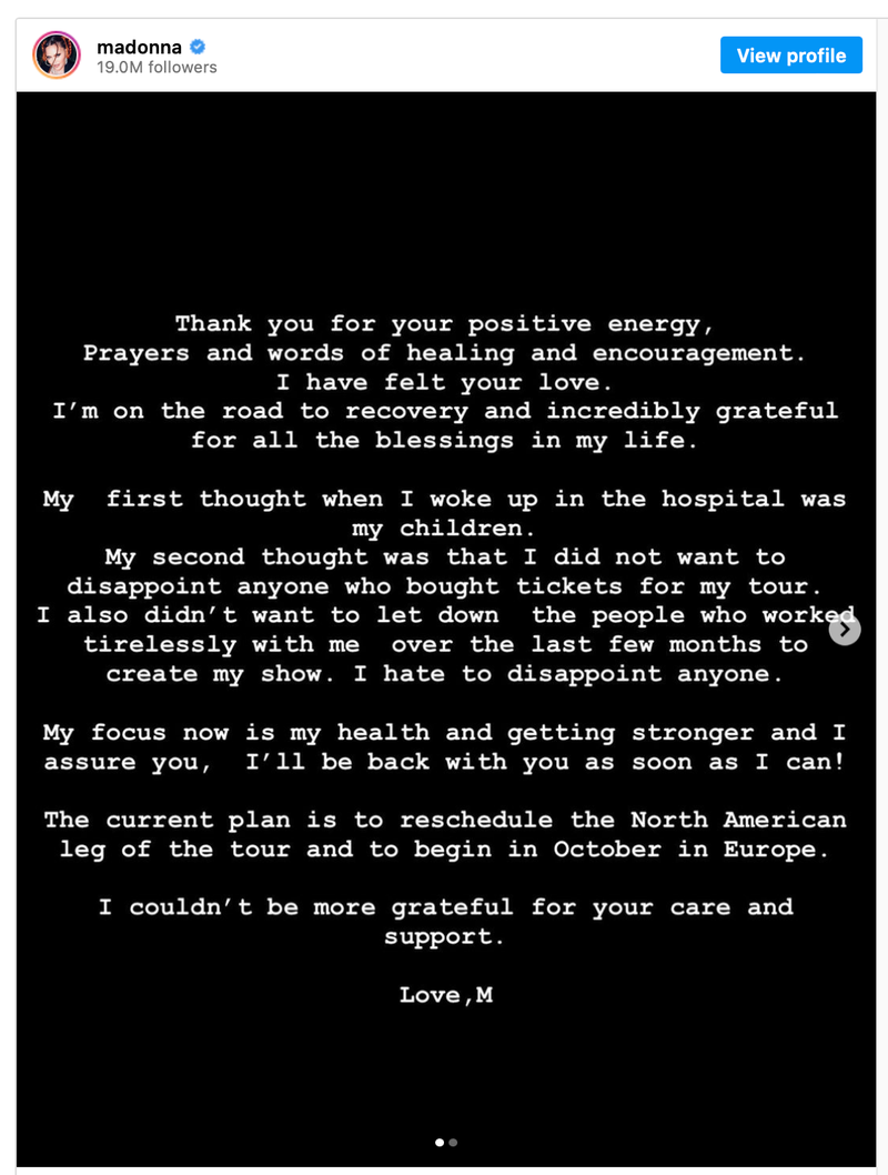 Madonna postpones show.