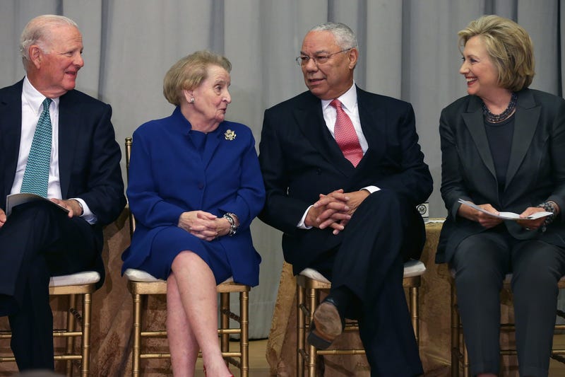 Former secretaries of state (L-R) James Baker, Madeleine Albright, Colin Powell and Hillary Clinton participate in the ceremonial groundbreaking of the future U.S. Diplomacy Center at the State Department's Harry S. Truman Building September 3, 2014 in Washington, DC.