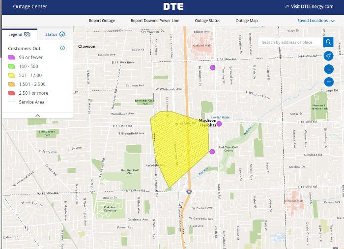 A power outage reported by DTE is causing a headache for drivers and residents in Madison Heights Friday evening.