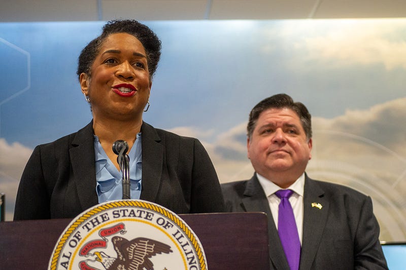Lt. Gov. Juliana Stratton is pictured at a news conference at a Springfield community college in 2023 alongside Gov. JB Pritzker.