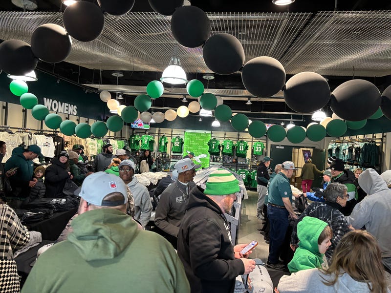 Eagles fans pack the team pro shop at Lincoln Financial Field following the team's victory in Super Bowl LIX