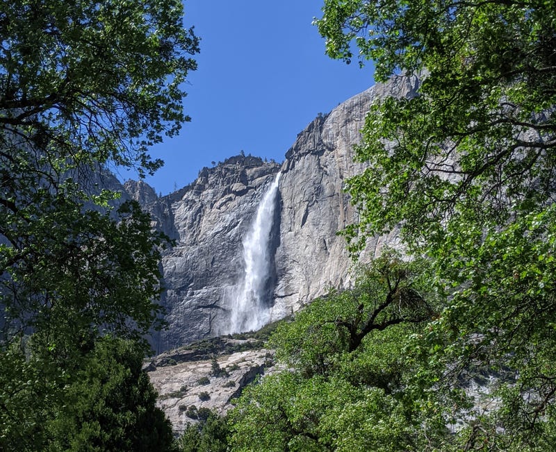 Beautiful Yosemite Falls seen from Yosemite Valley in October 2020.
