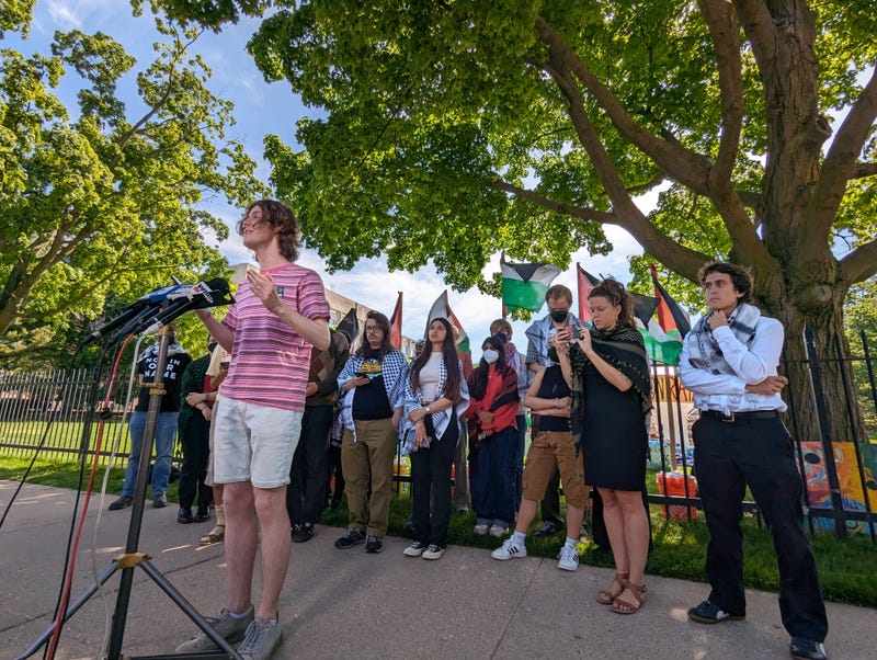 Northwestern students speak outside encampment