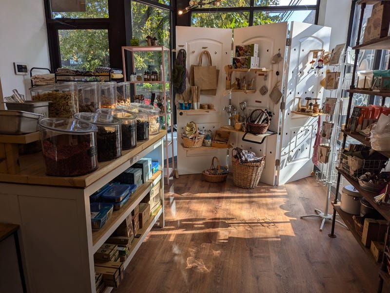 Inside Eco Flamingo in Lincoln Square, which bills itself as a zero-waste general store. Shoppers at the store are allowed to bring in their own containers and fill them with whatever they'd like to purchase.