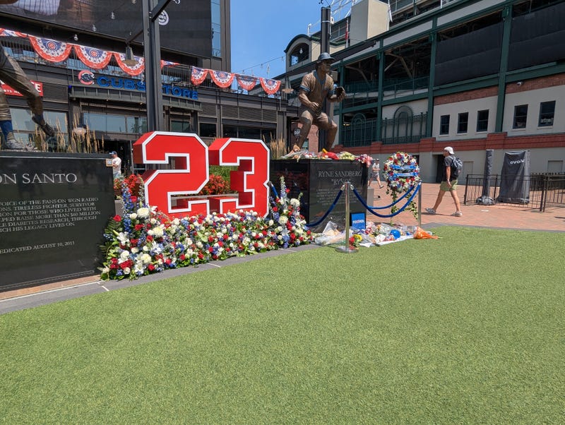 Flowers around Ryne Sandberg statue outside Wrigley Field