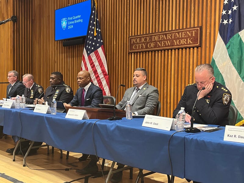 Mayor Eric Adams and NYPD officials held a public safety briefing on Wednesday releasing the crime statistics for the first quarter of 2024.