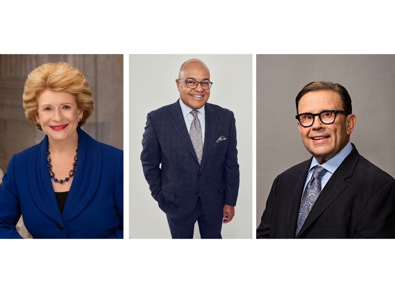 Sen. Debbie Stabenow (left), Mike Tirico (center) and Dan Loepp will be the grand marshals of the 98th Annual America’s Thanksgiving Parade