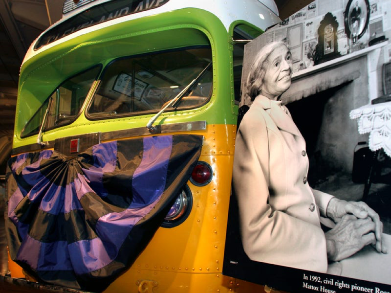 DEARBORN, MI - OCTOBER 25: The bus made famous by civil rights pioneer Rosa Parks sits on display draped with mourning bunting October 25, 2005 at The Henry Ford Museum in Dearborn, Michigan following Rosa Parks' death.