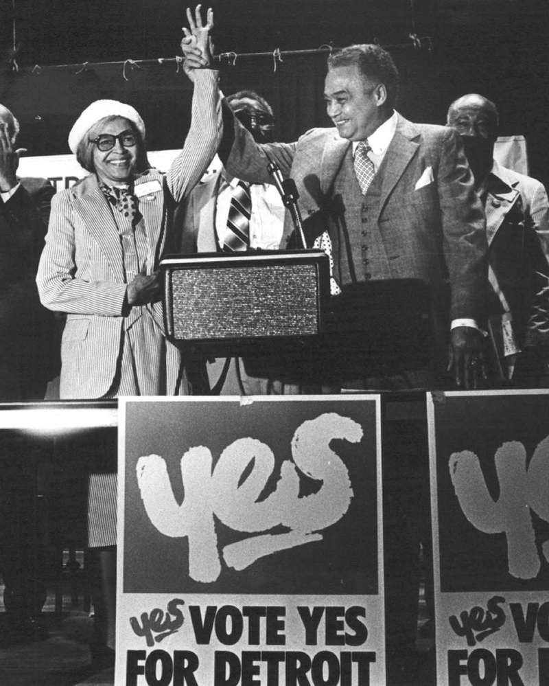 Rosa Parks and Detroit Mayor Coleman Young at a rally in June 1981. 