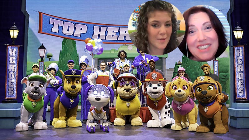 Paw Patrol Live on stage with cut outs from video interview in the corner