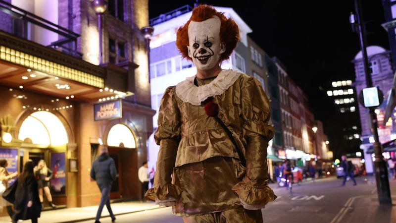  A person wearing a Pennywise Halloween costume in Soho on October 31, 2021 in London, England. 