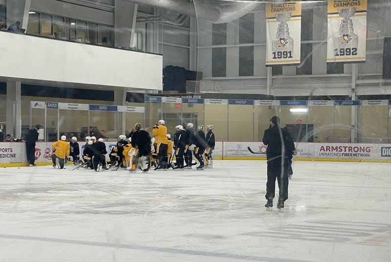 Pens in huddle at Cranberry