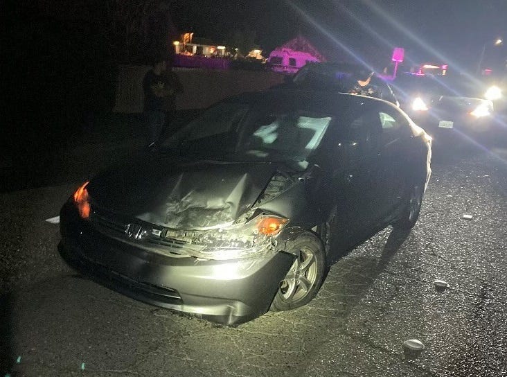 A woman is suspected of drunkenly crashing her car into four other vehicles in the North Bay on Friday night. 