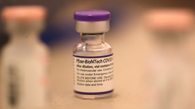 A vial of Pfizer COVID-19 booster vaccination sits on a table at a vaccination booster shot clinic on October 01, 2021 in San Rafael, California.