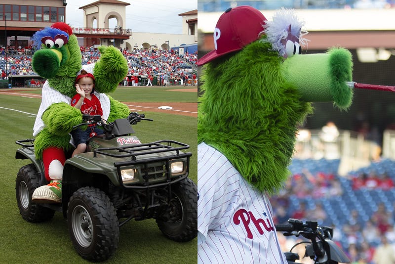 The Phillie Phanatic in 2017, then after changes in 2021 due to legal proceedings.