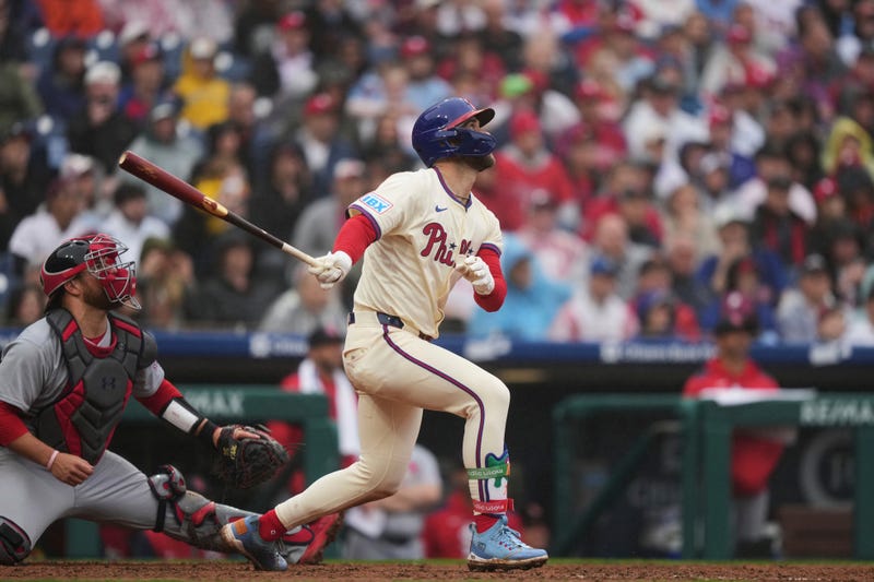 Philadelphia Phillies' Bryce Harper run-scoring-single off of St. Louis Cardinals pitcher Steven Matz during the seventh inning in the first baseball game of a doubleheader Wednesday, May 14, 2025, in Philadelphia.