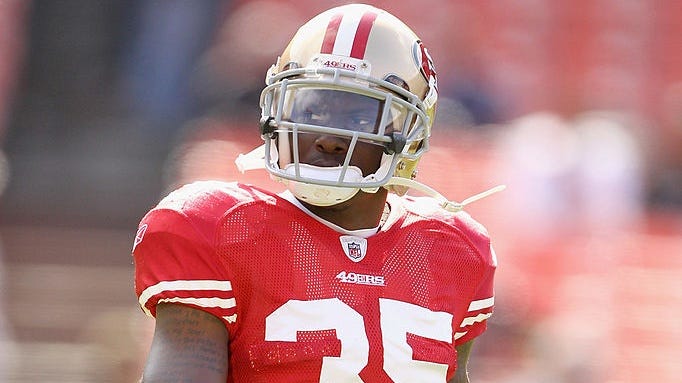 Phillip Adams #35 of the San Francisco 49ers warms up before their game against the Oakland Raiders at Candlestick Park on August 20, 2011 in San Francisco, California.