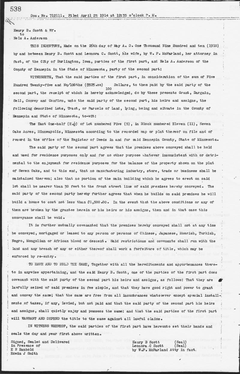 Image of the earliest racial covenant that Mapping Prejudice has found in Minnesota, which was put in place in south Minneapolis in 1910, when Henry and Leonora Scott sold a property on 35th Avenue South to Nels Anderson, a Swedish baker.