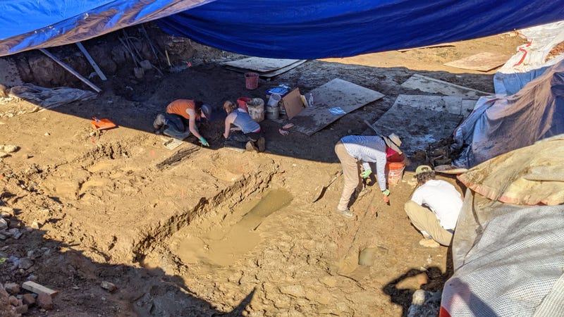 A photo provided by developer RREI shows archeologists digging field test pits in June 2021 at the site of the property.