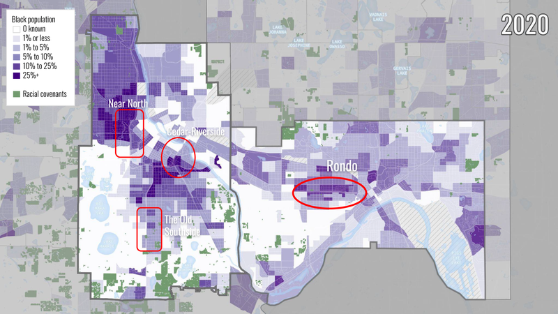 An example of what aMap showing the Black population in Minneapolis and Saint Paul in 2020, with racial covenants overlaid. racial covenant could look like with clear racist language preventing Black people from owning the property.