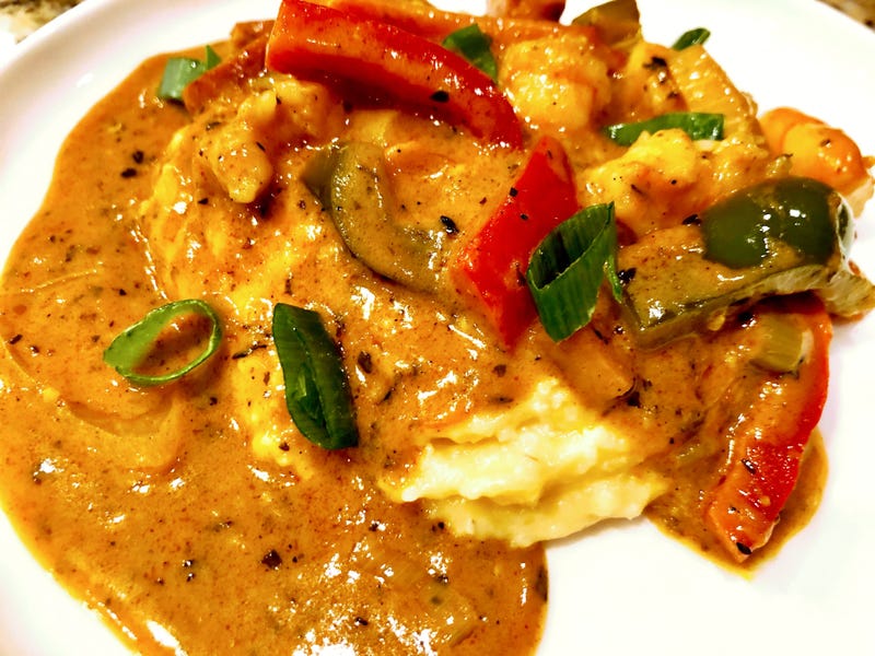 Recipe: Shrimp & Smoked Cheddar Grits with Tasso Gravy and Andouille Sausage