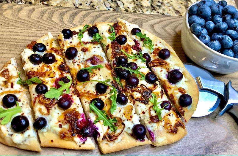 Naan Flatbread with Crispy Caramelized Shallots and Blueberries