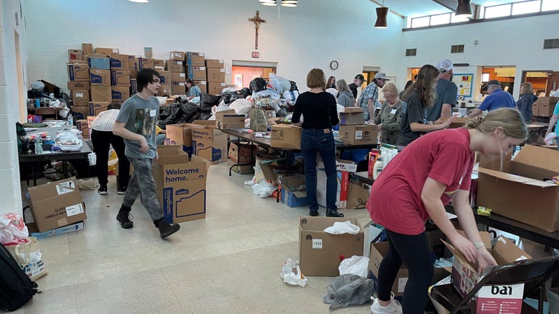 Volunteers packing some of the thousands of boxes of donations for Ukraine dropped off at Presentation of Our Lord Ukrainian Catholic Church in Lansdale and sister parish St. Anne’s Ukrainian Catholic Church in Warrington.