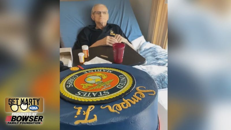 Hal Shaffer and his special Marine-themed cake from Oakmont Bakery.