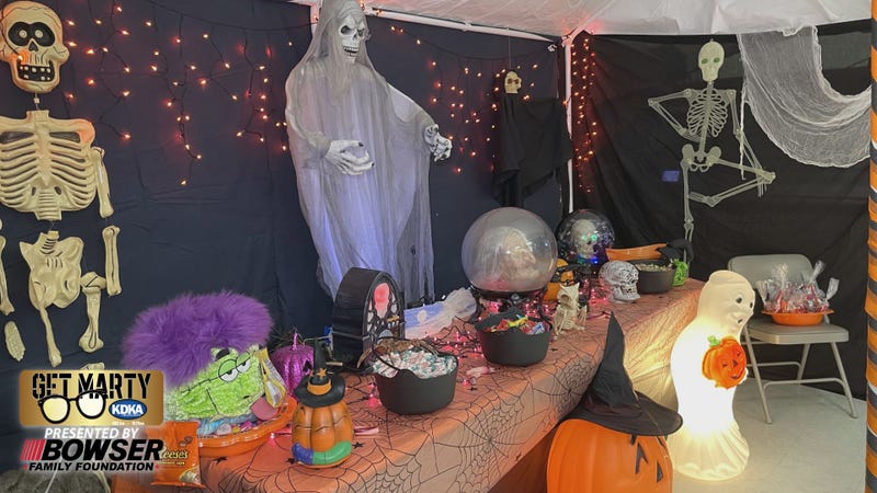 The Halloween station setup for trick-or-treating at Jaycee's birthday party.