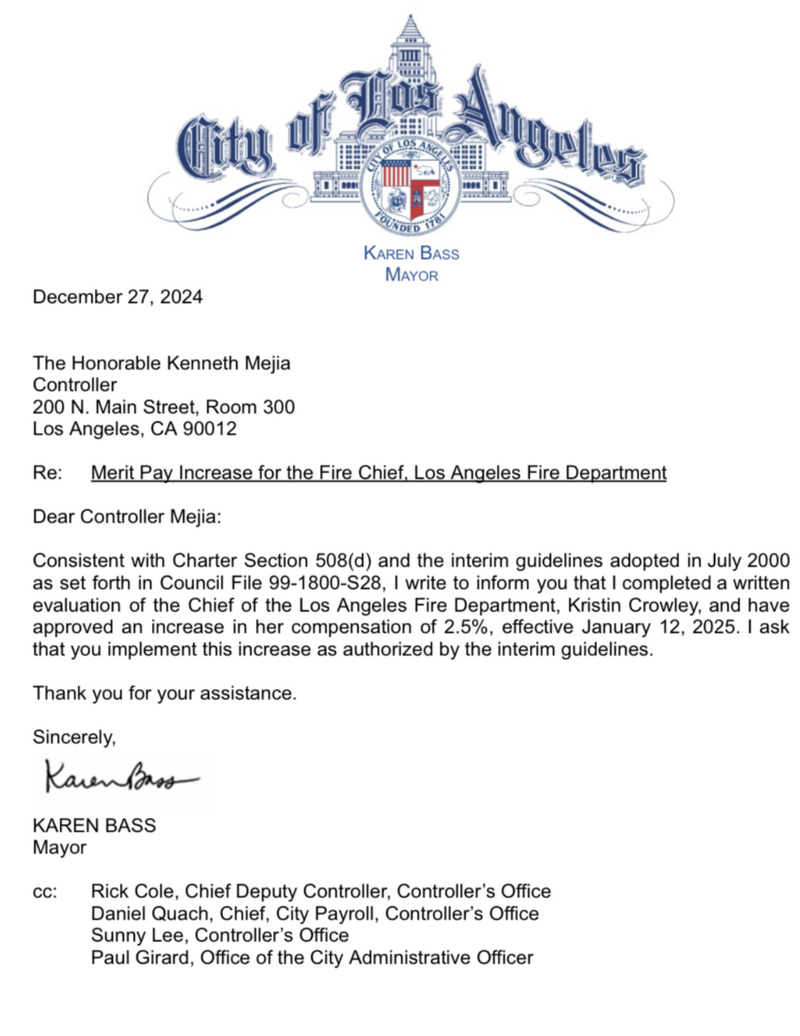 letter from LA mayor Bass approving merit raise for LAFD Chief