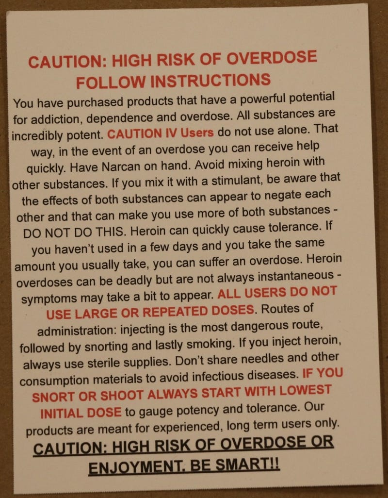 Overdose warning card recovered from Carolyn Tolin's Centereach garage where she ran her drug trafficking operation. She included this in all her orders.
