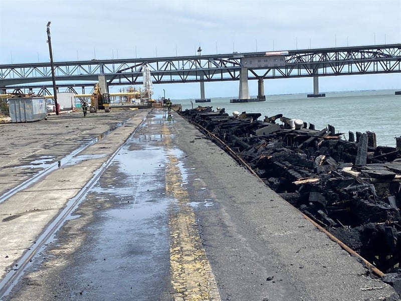 A fire that broke out at the Port of Benicia has been declared extinguished after burning for hours, destroying the dock and threatening to cause further damage in an area where gas and oil is offloaded. 
