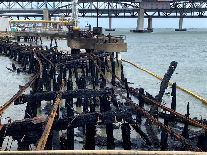 A fire that broke out at the Port of Benicia has been declared extinguished after burning for hours, destroying the dock and threatening to cause further damage in an area where gas and oil is offloaded. 