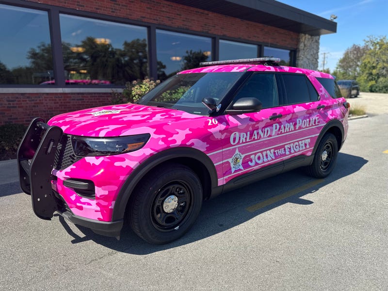 A police cruiser wrapped for Breast Cancer Awareness