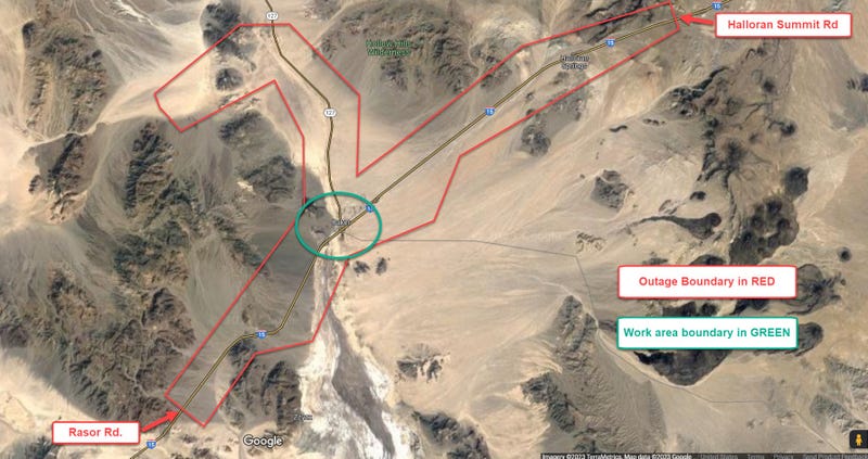 Map showing the boundaries of a planned power outage along I-15