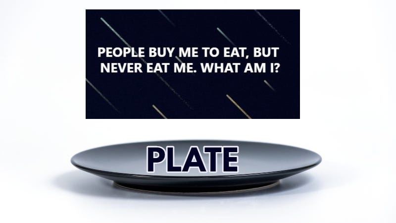plate, brainteaser answer, eat , meals, never eat it, eat on it, what am I