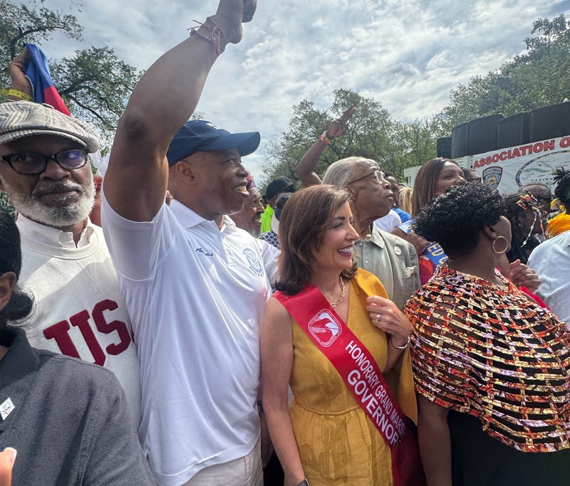 Mayor Eric Adams, Gov. Kathy Hochul, the Rev. Al Sharpton and West Indian American Day Carnival Association President Roger Archibald are seen at the parade on Monday