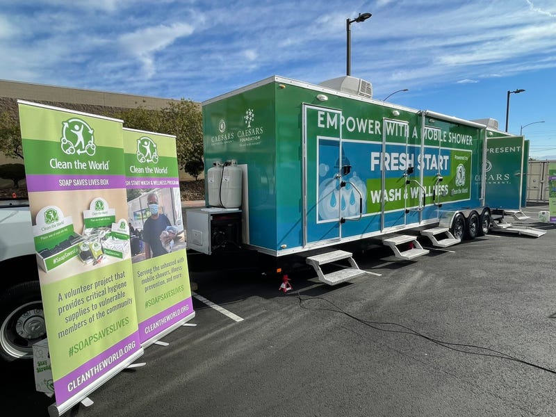 A portable shower to used by the homeless is displayed in Clark County