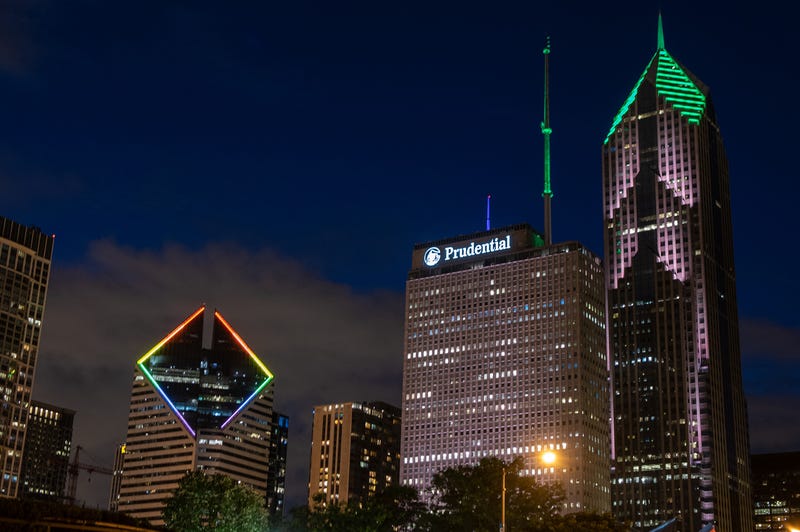 Pride display with building lights in Chicago